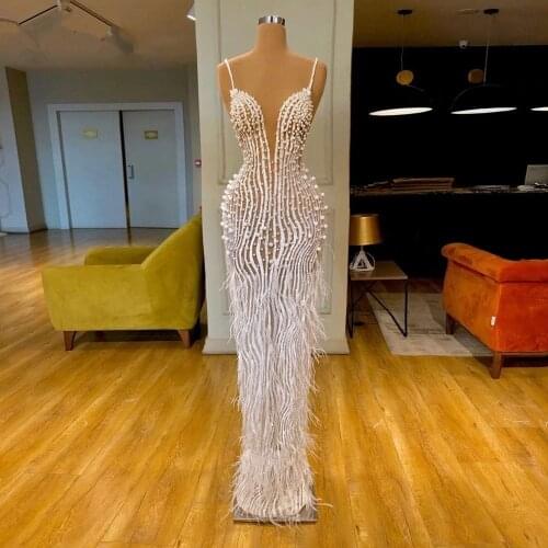 Pearls Beading Party Dress Spaghetti Straps Celebrity Dresses Feather Evening Gown 2020 Dresses Woman Party Night Robe De Soiree