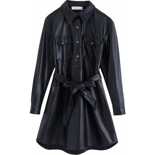Women black vintage pu leather wrap midi dress long sleeve with belt streetwear 2020 fashion autumn dresses ladies vestido