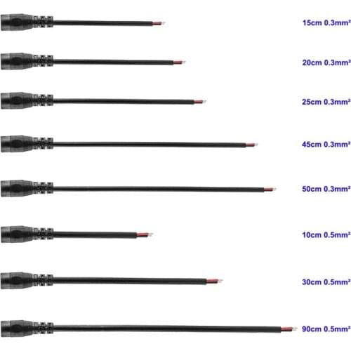 1000pcs Female DC Jack Power Pigtail Cables 0.3/0.5mm2 10/30/50cm 5.5x2.1mm Connectors Cable For LED Strip Lights Solar Battery