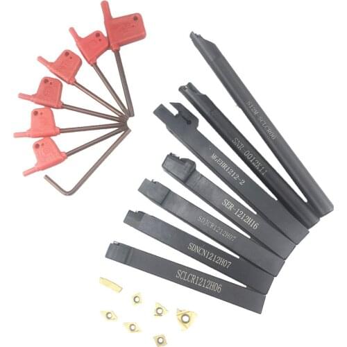 7PC Set of 12mm CNC Lathe Boring Bar Turning Tool Holder with DCMT TCMT CCMT Cutting Insert with Wrench MGEHR1212-2/SDNCN1212H07