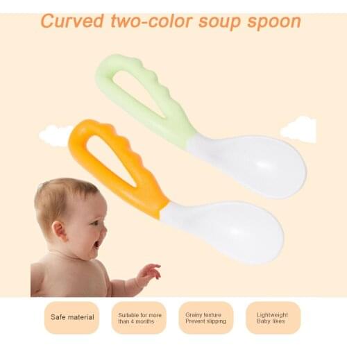 Two-color Baby Easy To Grasp Spoon Food Feeding Spoon Childrens Cute Curved Handle Kids Tableware Baby Diet Training Supplies