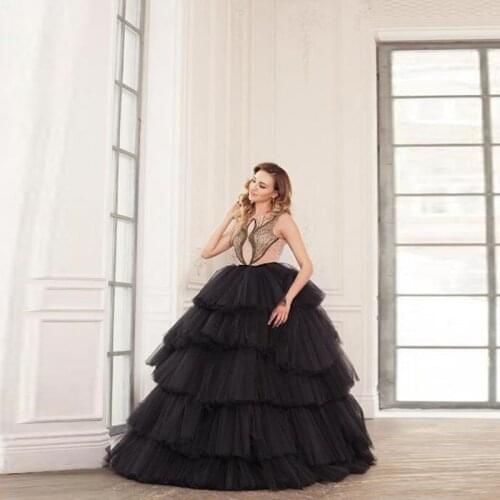 Elegant Black Long Tulle Ball Gown Formal Skirts Chic Tiered High Waist Women Party Skirt Puffy Ruffle Custom Any Color Free