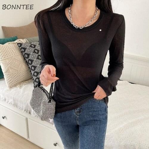 T-shirts Women Long Sleeve Solid Elegant Inside Basic Minimalist O-neck Popular Lady All-match Office Daily Clothing Comfortable