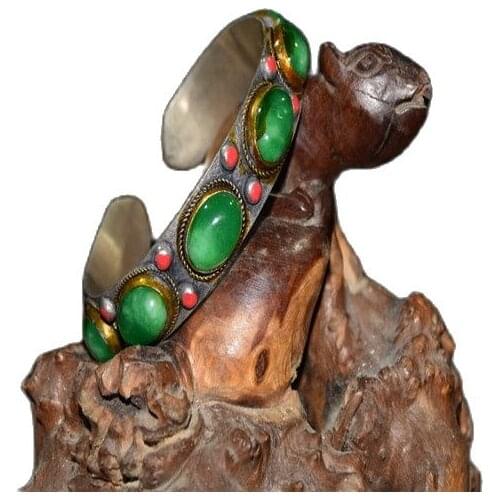 Chinese Old Tibetan Silver Inlaid Emerald Gold Bracelet