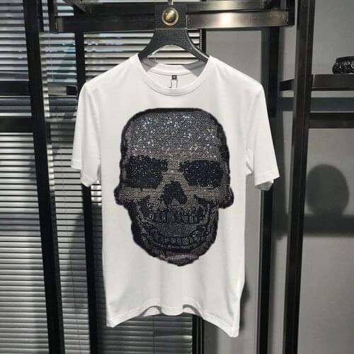 Classic Skull Design Hot Rhinestone Pattern Mens T-Shirt Shiny Glow Short Sleeve Street Top