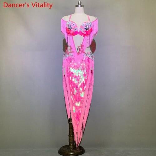 Customize Belly Dance Performance Costume Tassel Bra Sexy Split Sequin Glitter Skirt Set Oriental Indian Drum Dancing Stage Wear