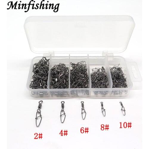 Minfishing 250pcs/set Rolling Swivel MS+XQL Stainless Steel Fishing Swivel with Nice Snap Size 2 4 6 8 10# Fishing Accessories