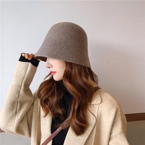 Fashion Soild Color Slouchy Warm Women Hats 100% Wool Neat Brim Winter Bucket Cloche Hat Felt Cone Lady Bowler Hood Flat Fedoras