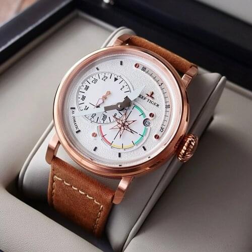 Reef Tiger/RT Men Pilot Automatic Watches White Dial Rose Gold Case Military Sport Watches Date Luminous Men Mechanical Watch