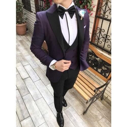 Brand New Groomsmen Purple and Black Groom Tuxedos Peak Lapel Men Suits Wedding Best Man 3 Pieces ( Jacket+Pants+Vest+Tie ) C880