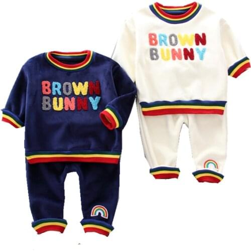 2020 Autumn Winter Baby Casual Tracksuit Children Boy Girl Plus velvet T-shirt top + Pants 2Pcs/Sets Kids Sport Infant Clothing