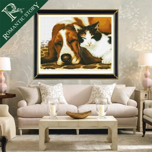 Romantic Story Cute Dog and Cat Home Decoration Cross Stitch Handmade Needlework DMC Cross-Stitch For Embroidery Kits