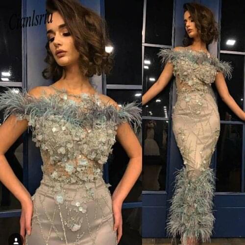 Luxury Sheath Prom Dresses Feather Hand Made Flowers Beading Ankle Length Evening Gowns Special Occasion Cocktail Dress