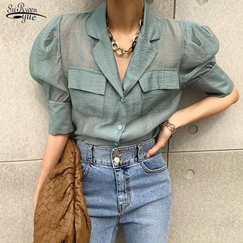 Chic Puff Sleeve Summer Shirt Women 2021 Loose See Through Woman Blouses Korean Fashion OL Style Pockets Thin Ladies Tops 14945