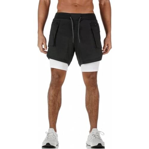 2 in 1 Running Shorts Men Gym Fitness Double layer Quick Dry Short Pants Male Basketball Training Crossfit Bottoms Bermuda Black