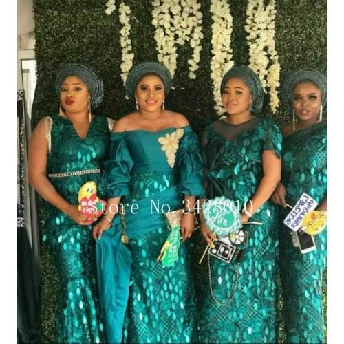 Green Lace Wedding Dress, Wedding African Lace Fabric, African Tulle Lace With Sequins CD2897