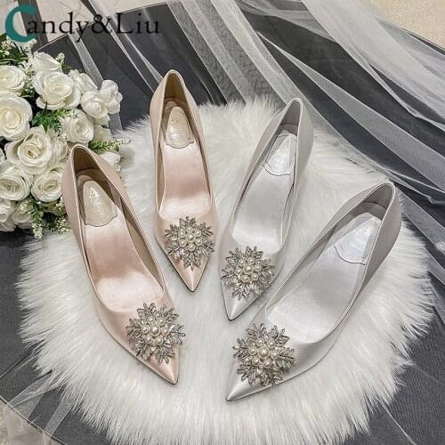 Lady Wedding Wedding Shoes Snowflake Pearl Buckle White High Heels Satin Bridesmaid Dress Single Shoes Large Size Bridal Shoes