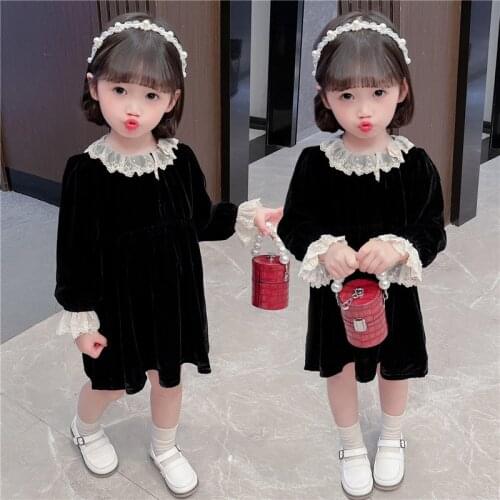 Girls spring dress girls foreign style gold velvet skirt spring and autumn girls princess dress