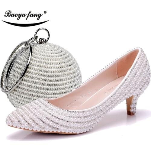 Woman Wedding shoes with matching bags white/black pearl crystal fashion shoe and purse set 5cm heel pointed toe dress shoes