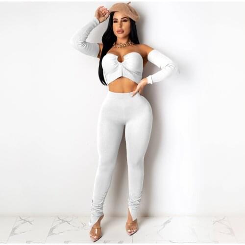 2021 Female Tube Top Ribbed Knit Stacked Leggings Solid Suit Metal Buckle Holiday Bodycon Trousers 2 Piece Set Outfits for Women