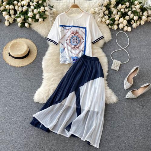 New 2021 European Italy Designer Style Print Runway Set Women Short Sleeve Bouses Top Long Midi Pleated Skirt Two Piece Suit