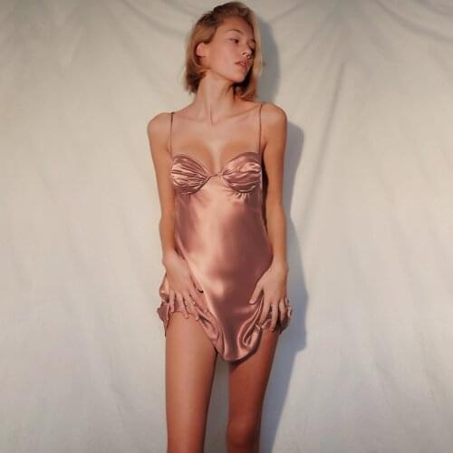 Women Satin Deep V Neck Sexy Dress Solid Straight Pajamas Party Dress Elegant Female Summer Spaghetti Strap Dress Casual Robe