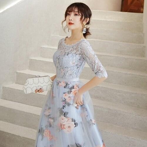 New Flower Printed Elegant Bridesmaid Dresses Short Lace Party Half Sleeves Robe Soiree Embroidery Evening Gowns For Women