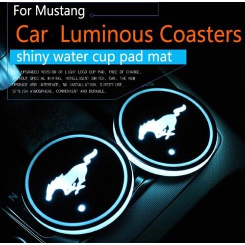 2Pcs/set Ford Mustang Pony Horse Logo badge Car Led Shiny Water Cup Pad Groove Mat Luminous Coasters Atmosphere Light