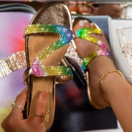 2021 summer women new open-toed S-shaped rhinestone flat sandals Durable and versatile at home slippers plus size womens shoes
