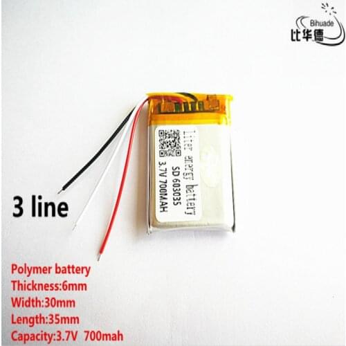 5pcs/lot 3 line Good Qulity 3.7V,700mAH,603035 Polymer lithium ion / Li-ion battery for TOY,POWER BANK,GPS,mp3,mp4