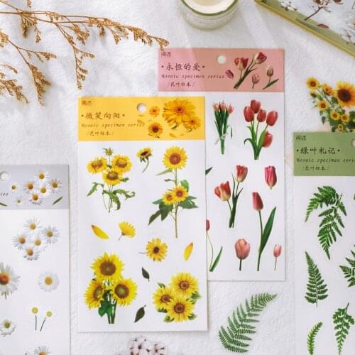 6 Sheets Daisy Sunflowers Green Leaves Transparent Pvc Waterproof PET Decals Stickers Pack For Scrapbooking Diary Planner Album