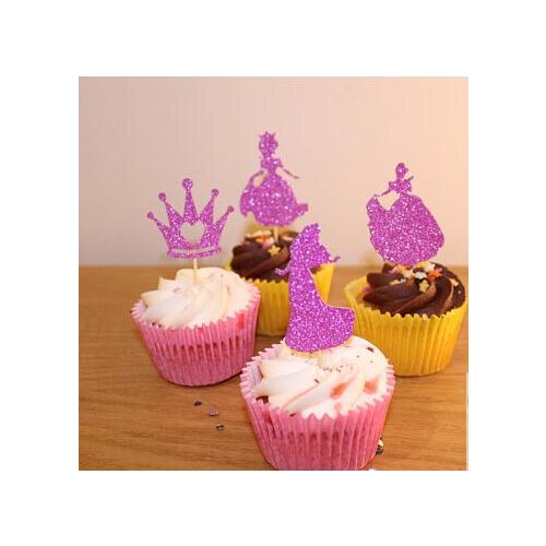 Glitter fushia Princess birthday cupcake toppers baptism naming Christening party decoration doughnut food treats picks
