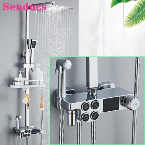 Bathroom Shower Set Senducs Press Button Thermostatic Shower System Rainfall Shower Head Quality Brass Digital Bath Shower Set