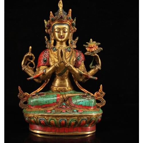 13"Nepal temple collection Old Bronze outline in gold Painted mosaic Gem Four-armed Guanyin Bodhisattva Sitting Buddha Enshrine