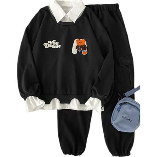 Two Piece Set Outfit Women autumn full Sleeve cartoon Tops & Pant Lounge Wear casual black thin sweatshirt + cargo pants sets