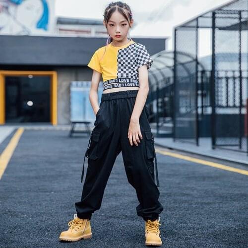 Children Street Dance Hip Hop Costume For Girls Modern Dance Clothes Plaid Short Sleeves Tops Cargo Pants Jazz Stage Wear BL6410