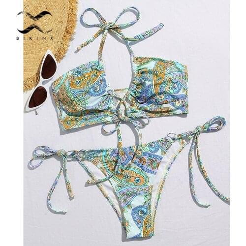 Vintage print bandeau swimsuit womens swimming suit Halter push up bikini 2021 String high cut swimwear Sexy bathing suit New