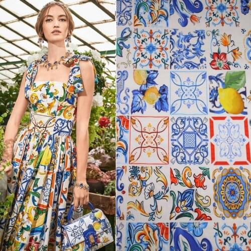 Summer new blue and white porcelain lemon cotton printed fabric dress cotton cloth clothes cloth diy fashion childrens clothing