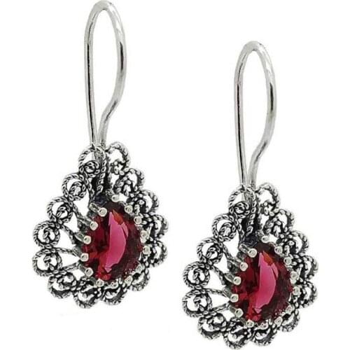 Midyat Silver Filigree Stem Ruby Cubic Zirconia Drop Earrings