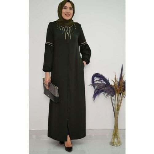 Fashion Line Embroideried Ferace Khaki Muslim Women Style Baggy Long Zipper Embroidery Detail Crepe Fabric