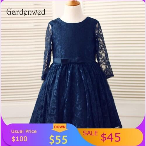 Gardenwed 2020 Navy Blue lace kids primera communion Gown Long sleeves Satin Bow knot Sash Pleat Skirt Puffy kids gowns for girl