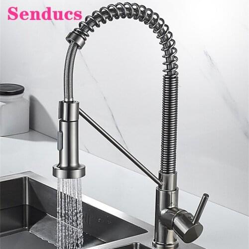 Senducs Spring Kitchen Mixer Tap Brushed Nickel Pull Out Kitchen Faucets Deck Mounted Hot Cold Sprayer Kitchen Sink Mixer Faucet