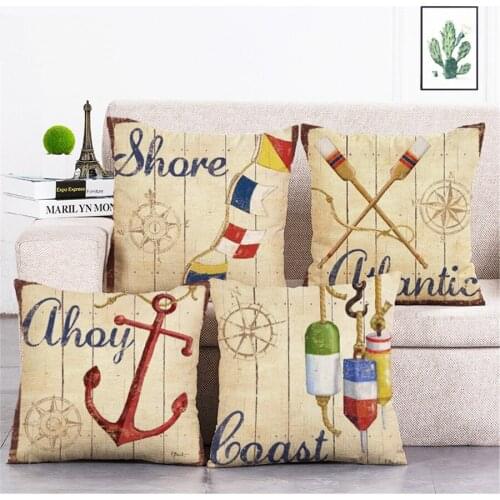 Vintage Dock Lobster Crab Paddles Anchor Pillow Case Home Decor Cotton Linen Sofa Cushion Cover Car Seat Chair Retro Pillowcases