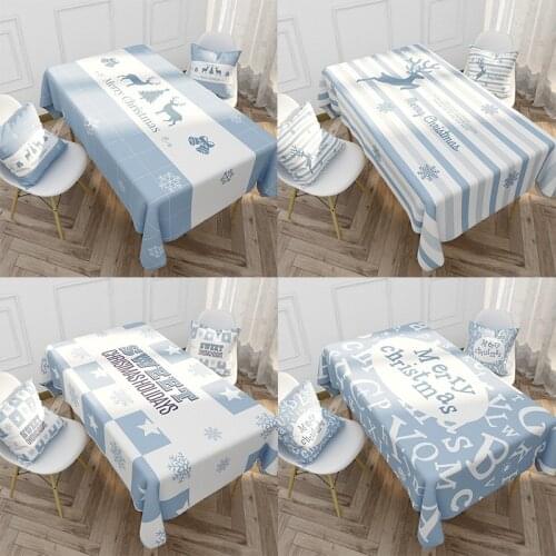 Blue Elk Pattern Waterproof Table Cloth Restaurant Tea Linen Tablecloth Square Striped Table Cover For Dinner Merry christmas