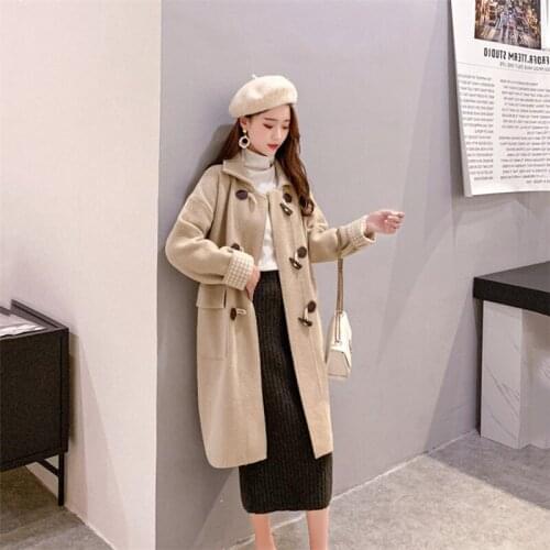 Imitation Double-sided Woolen Horn Button Knitted Jacket Women Autumn and Winter Style Korean Mid-length Sweater Women Cardigan
