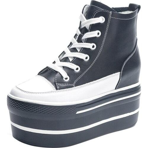 Krasovki Womens High Top Sneakers Casual Leather Lace up Boots Sneakers For Woman Spring Autumn Shoes High Heels Sneaker Shoes