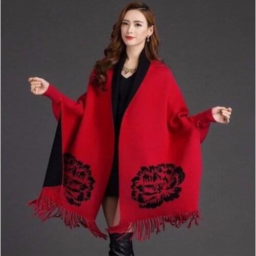 Womens Imitation Mink Velvet Big Peony Sweater Poncho Women Print Fringed Fashion Long Sleeve Cardigan Sweater Poncho Female