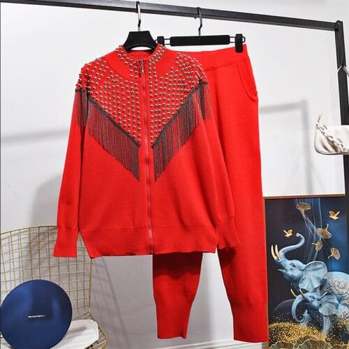Autumn New Red Women Outfits Fashion Rivet Tassel Long Sleeve knitwear Tops Casual Haroun Pants 2 Piece Set Ladies Clothes G620