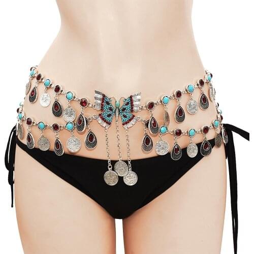Bohemian Vintage Metal Butterfly Belly Dance Belt Chains for Women Rhinestone Coin Dress Waist Chain Gypsy Body Jewelry