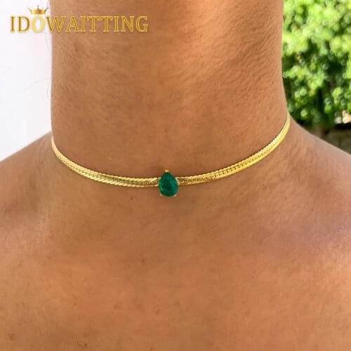 2021 Summer New Arrive 32+10cm Herringbone Snake Chain Choker Water Drop Green CZ Paved Gold Color Fashion Women Necklace